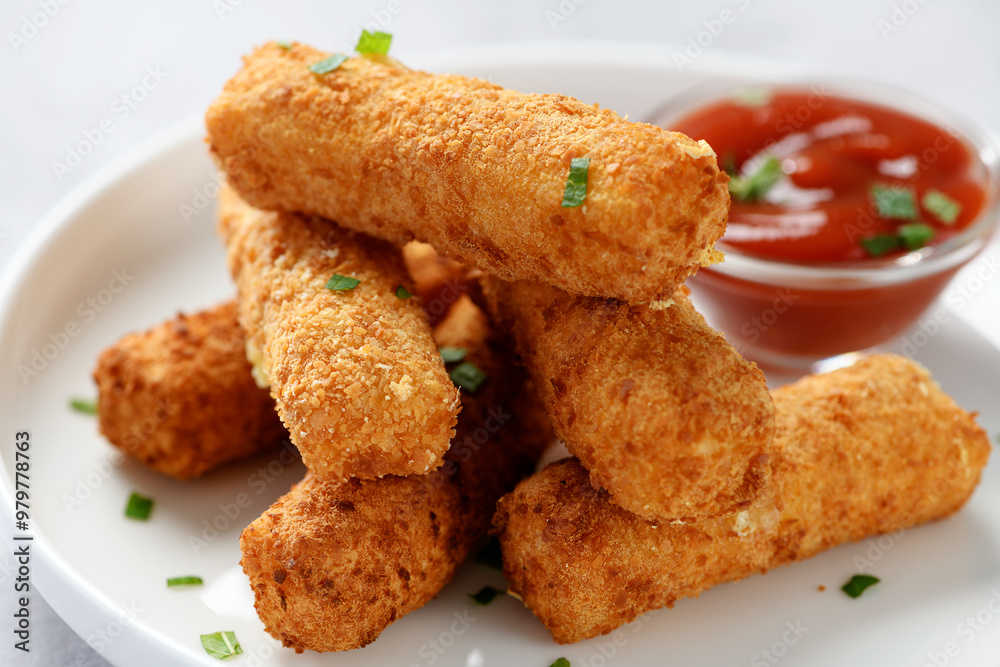 Breaded fried mozzarella cheese sticks with tomato dipping sauce. Breaded fried mozzarella cheese sticks with tomato dipping sauce.