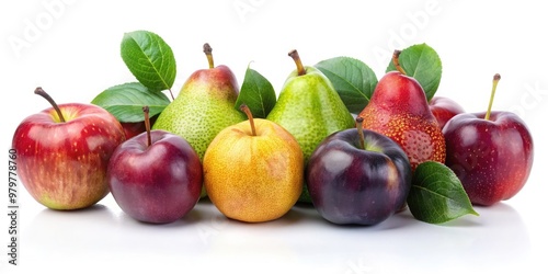 Realistic stock photography of apples, pears, and plums arranged in a horizontal row, isolated on a crisp white background with natural lighting