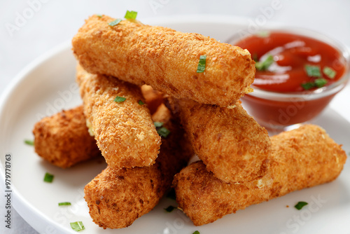 Breaded fried mozzarella cheese sticks with tomato dipping sauce.