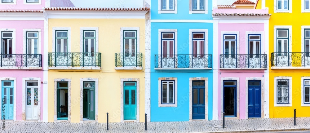 Fototapeta premium A street in Lisbon lined with houses decorated with colorful azulejos, each facade a unique display of floral, geometric, and narrative patterns in shades of blue, yellow, and green