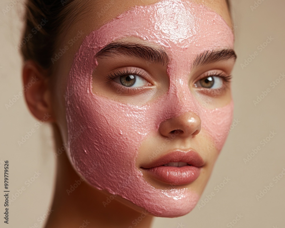 Detailed photo showcasing a pink mask application Detailed photo showcasing a pink mask application