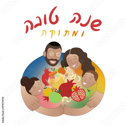 Happy Jewish family celebrating Rosh Hashana, israeli traditional new year, with holiday meal: pomegranates, apples, honey. Greeting card, hebrew hand drawn lettering, vector art, Shana Tova Umetuka!