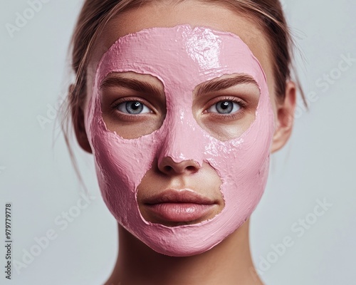 Pink pastel mask on serene woman’s face portrait.