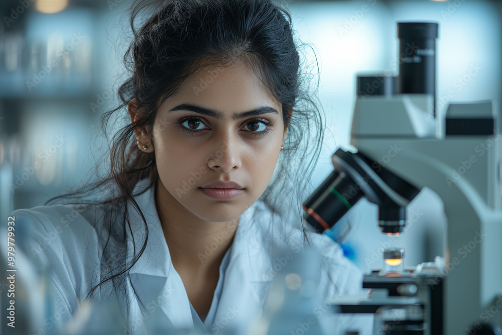 Focused Female Scientist Working with Microscope in a Lab Focused Female Scientist Working with Microscope in a Lab