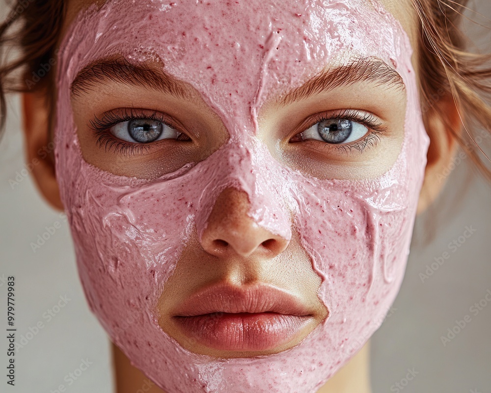 Pink textured mask covering woman's face in detail. Pink textured mask covering woman's face in detail.