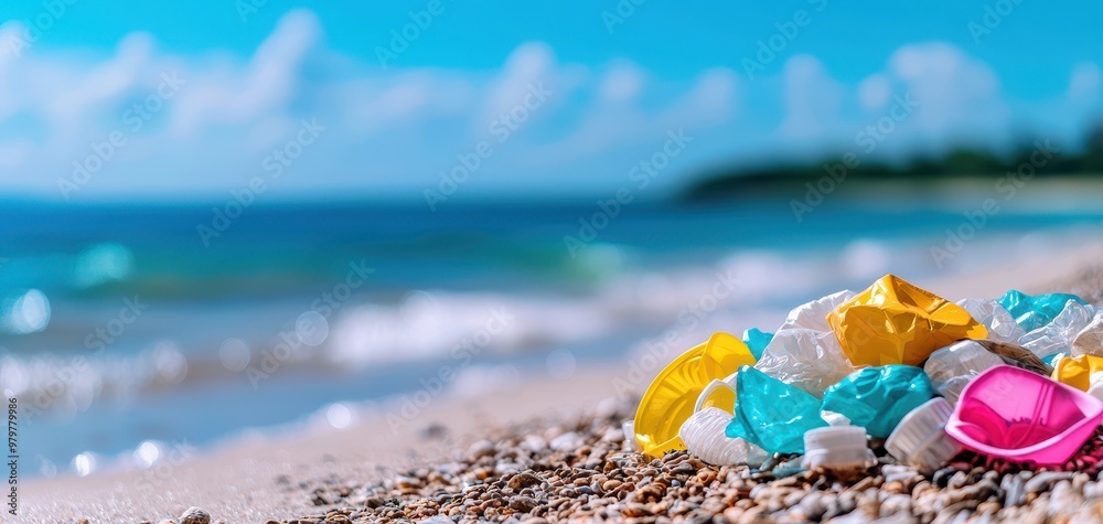 Colorful plastic waste scattered on a sandy beach, highlighting pollution and its impact on beautiful coastal landscapes. Colorful plastic waste scattered on a sandy beach, highlighting pollution and its impact on beautiful coastal landscapes.