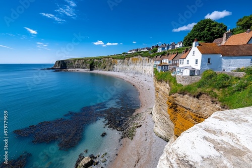 British Isles coastline along Robin Hoodâ€™s Bay, with quaint cottages nestled between cliffs and the sea photo