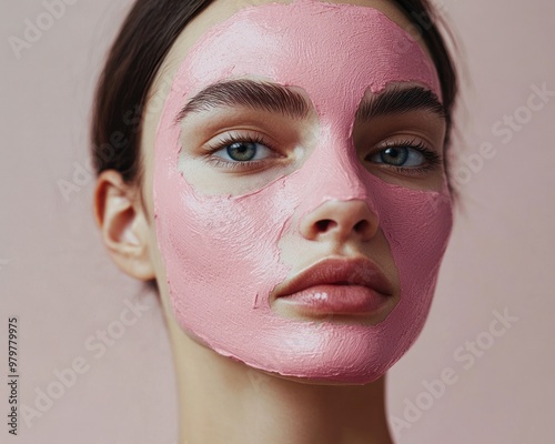 Elegant portrait with thick pink facial mask applied.