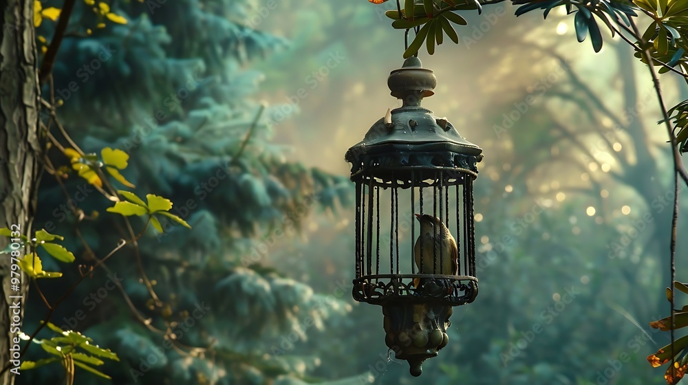 An finely carved rustic iron bird feeder set against a hazy forest backdrop An finely carved rustic iron bird feeder set against a hazy forest backdrop