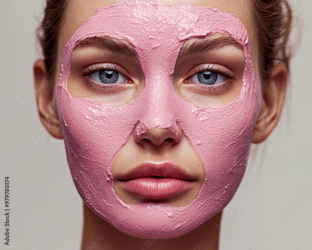 Woman's eyes peering through pink face mask Woman's eyes peering through pink face mask