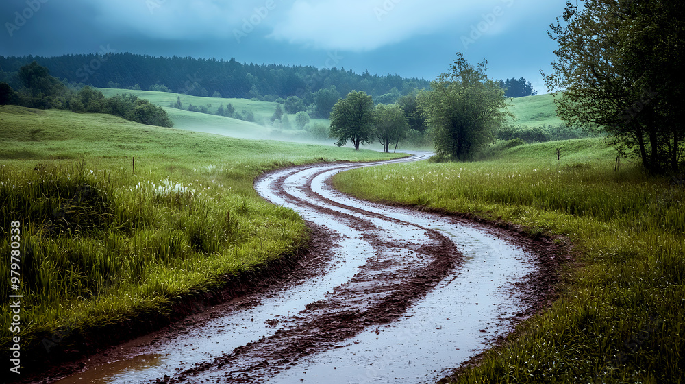 dirt road winding through a rural landscape, the rain turning the ground into dirt road winding through a rural landscape, the rain turning the ground into