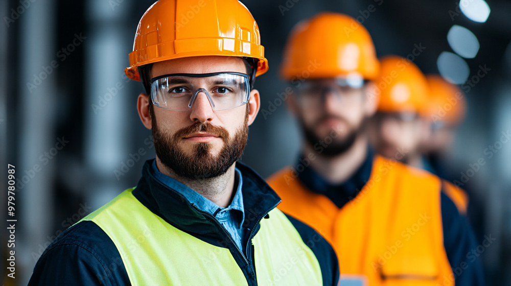A confident construction worker in a safety vest and helmet stands in the foreground, with colleagues working in the background. A confident construction worker in a safety vest and helmet stands in the foreground, with colleagues working in the background.