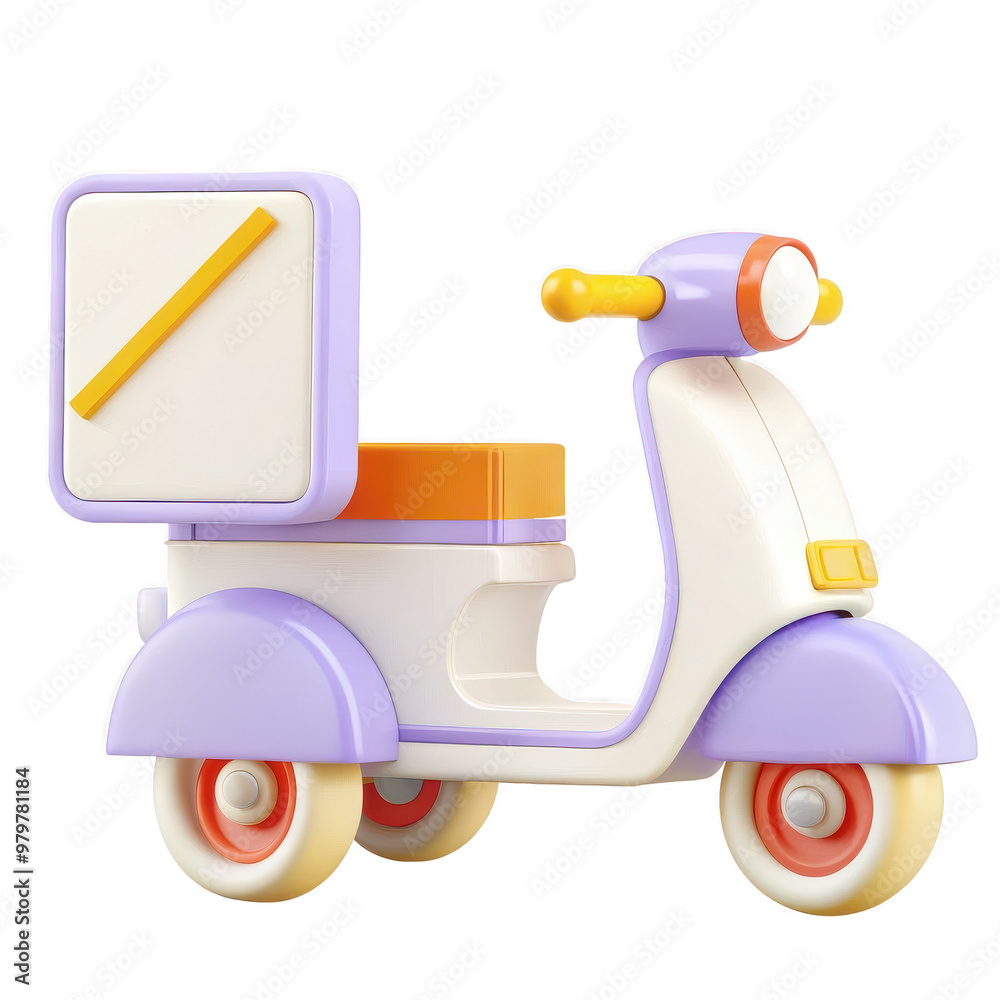 The image shows a 3D rendering of a colorful electric scooter designed for a delivery service. With a modern aesthetic and bright colors, it presents a fun and playful concept. The image shows a 3D rendering of a colorful electric scooter designed for a delivery service. With a modern aesthetic and bright colors, it presents a fun and playful concept.
