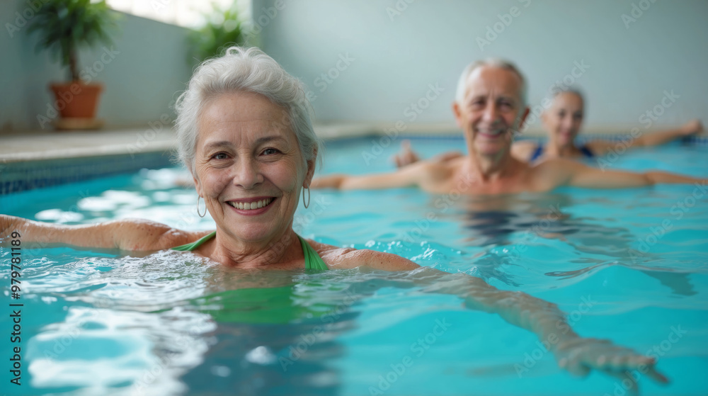 An elderly woman with a group of older people swims in an indoor pool. Active lifestyle in old age An elderly woman with a group of older people swims in an indoor pool. Active lifestyle in old age