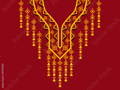 Geometric ethnic neckline pattern. traditional design. decoration, background, pixel art, textile, fabric, clothing, ornament. embroidery style.