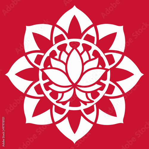 A symmetrical illustration of a lotus flower in white against a vibrant red backdrop. This vector graphic showcases a minimalist and elegant design, ideal for various applications