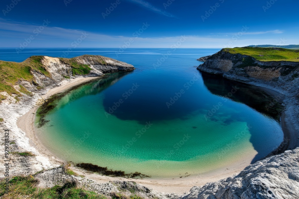 British Isles coastline at Lulworth Cove, a perfectly circular bay formed by millennia of coastal erosion