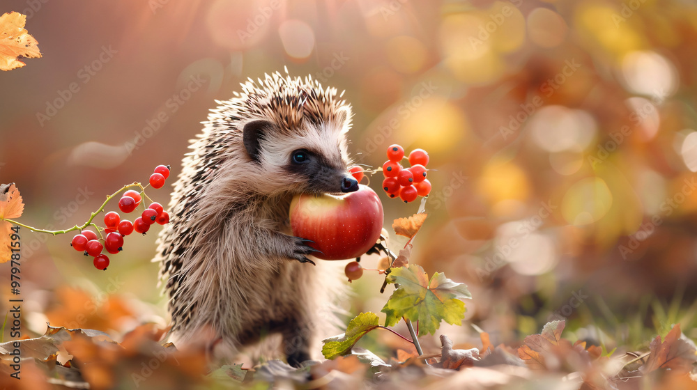 Fototapeta premium A Foraging Hedgehog Embraces the Harvest with a Juicy Red Apple