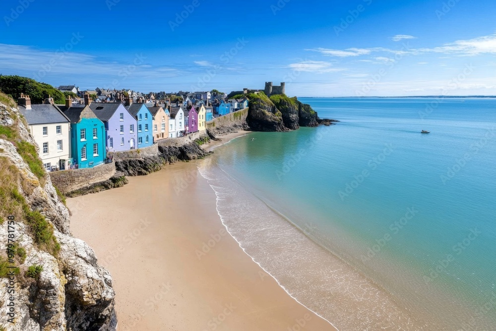Obraz premium British Isles coastline at Tenby, with its colorful houses overlooking the beach and medieval town walls
