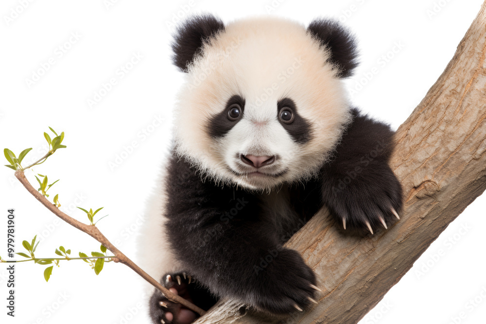 Naklejka premium Baby panda climbing a tree, representing cute and endangered species ,Isolated on transparent background,Isolated on transparent background