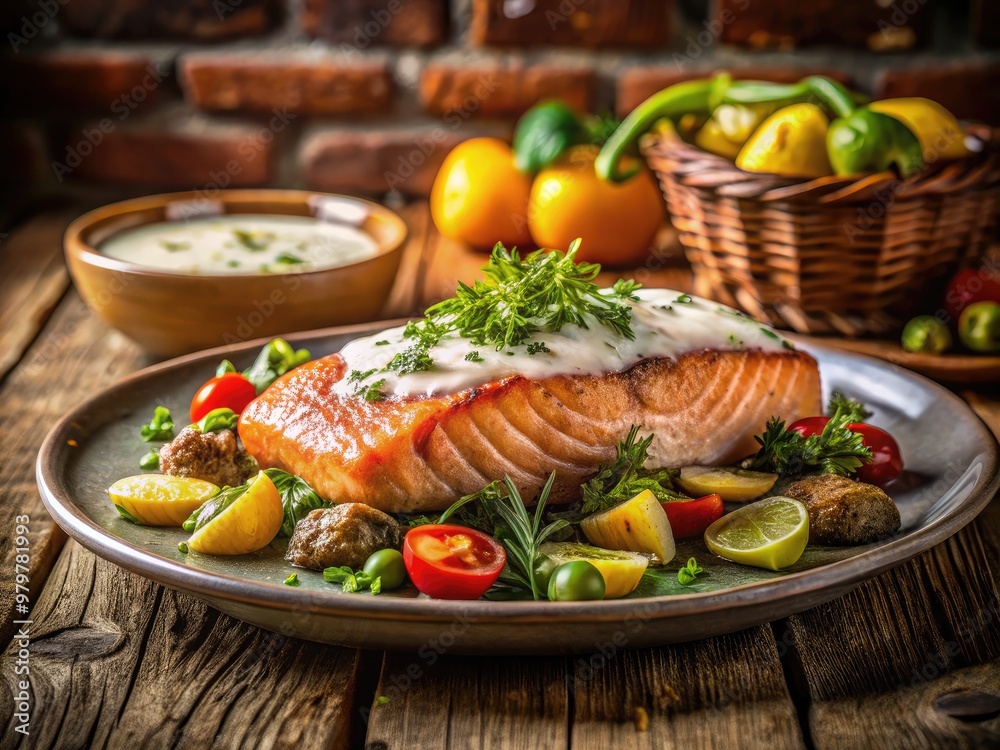 A close-up shot of a perfectly grilled salmon fillet with crispy skin, accompanied by roasted vegetables and a lemon-dill sauce A close-up shot of a perfectly grilled salmon fillet with crispy skin, accompanied by roasted vegetables and a lemon-dill sauce