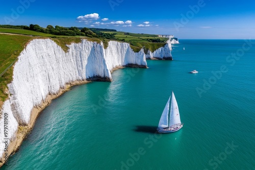 British Isles coastline featuring the iconic white chalk cliffs of Dover, standing tall against the blue sea