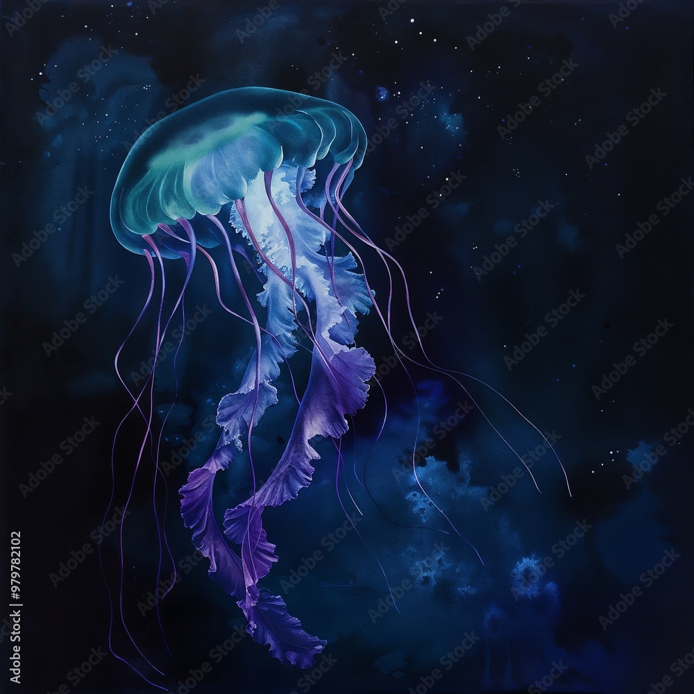 Stunning jellyfish illustration with luminous tentacles glowing in a dark underwater setting Stunning jellyfish illustration with luminous tentacles glowing in a dark underwater setting