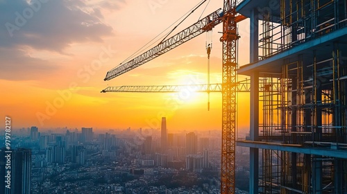 A stunning sunset view of a construction site with cranes silhouetted against the vibrant sky over a bustling city. photo