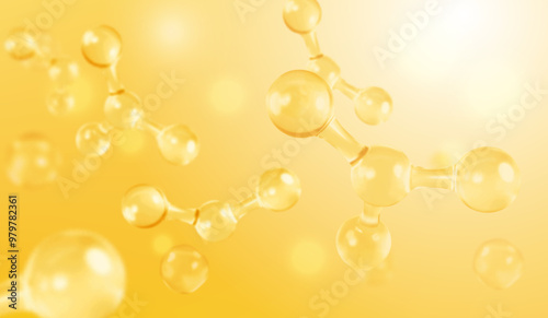 3D glass molecules or atoms on light yellow background. Concept of biochemical, pharmaceutical, beauty, medical. Science or medical. Vector 3d illustration