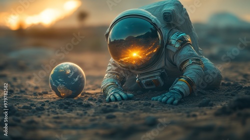 Astronaut crawling towards miniature Earth on a planet. photo