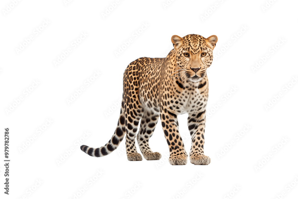 Obraz premium Leopard striking pose for camera. Ideal for wildlife publications, nature blogs, or educational materials centered on big cats and wildlife conservation. Generative AI