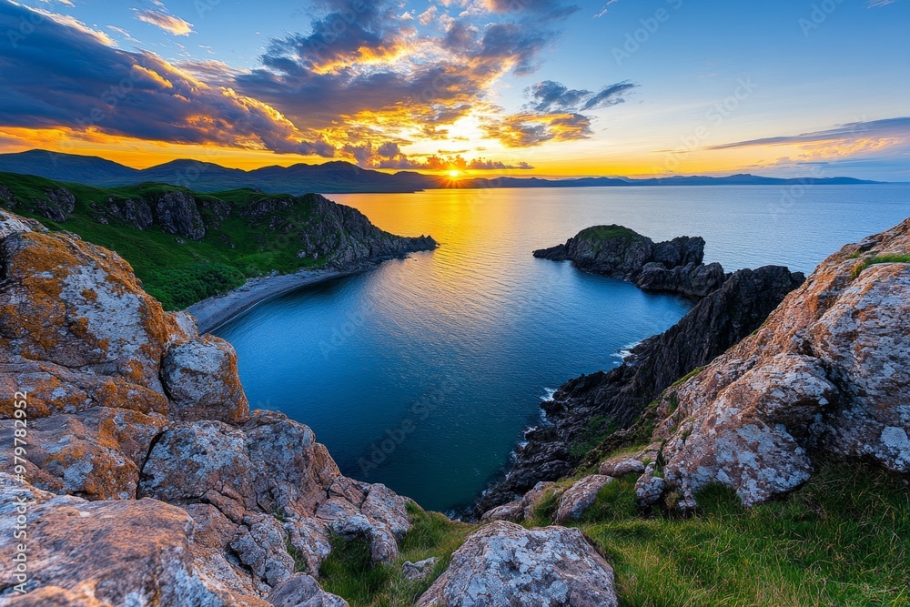 British Isles coastline with a dramatic sunset over the Isle of Skye, highlighting the jagged peaks and coastal beauty British Isles coastline with a dramatic sunset over the Isle of Skye, highlighting the jagged peaks and coastal beauty