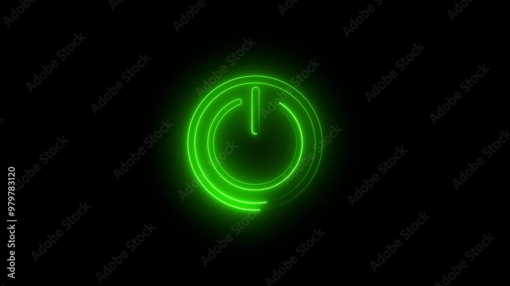 Bright green power button, neon line power button with animation on and off on black screen. Animation 4k video. Bright green power button, neon line power button with animation on and off on black screen. Animation 4k video.