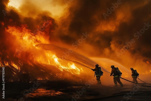 Brave firefighters battle intense flames, demonstrating courage and teamwork in a dramatic fire scene. photo