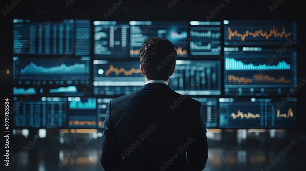 A business professional focused on analyzing financial data displayed on multiple digital screens in a contemporary office setting. A business professional focused on analyzing financial data displayed on multiple digital screens in a contemporary office setting.