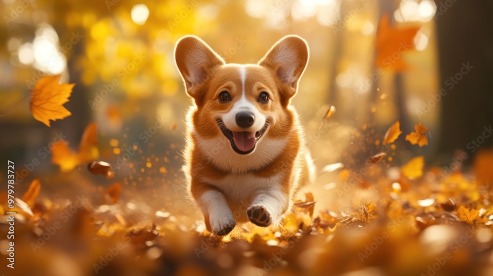 A happy corgi dog running energetically through a forest filled with fallen autumn leaves, surrounded by warm and vibrant colors, capturing the playful and lively atmosphere of fall.