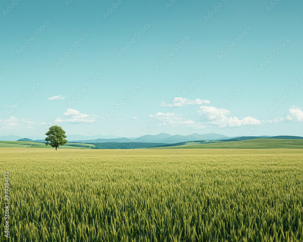 Fototapeta premium A serene landscape featuring a lone tree amidst vast green fields under a clear blue sky, ideal for peaceful natural imagery.