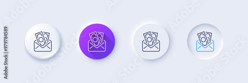 Bribe line icon. Neumorphic, Purple gradient, 3d pin buttons. Money fraud crime sign. Cash envelope symbol. Line icons. Neumorphic buttons with outline signs. Vector