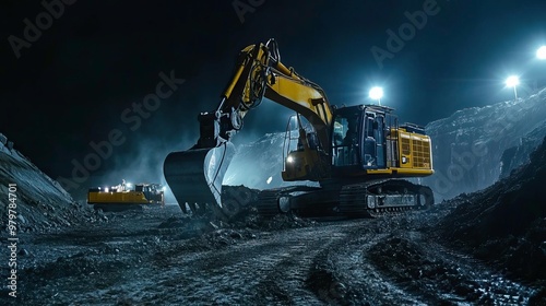 Heavy excavator working at night in an illuminated construction site, showcasing industrial machinery in action.