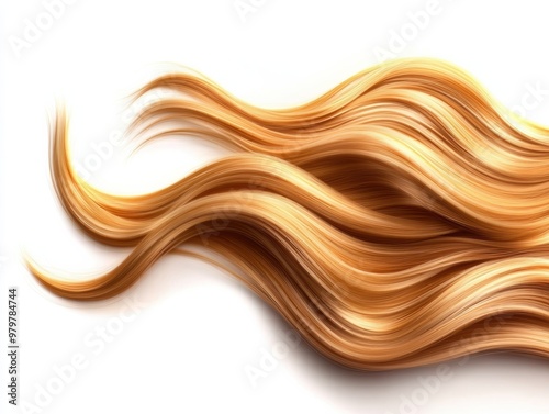 A flowing strand of golden hair, showcasing smooth texture and vibrant color against a clean white background.