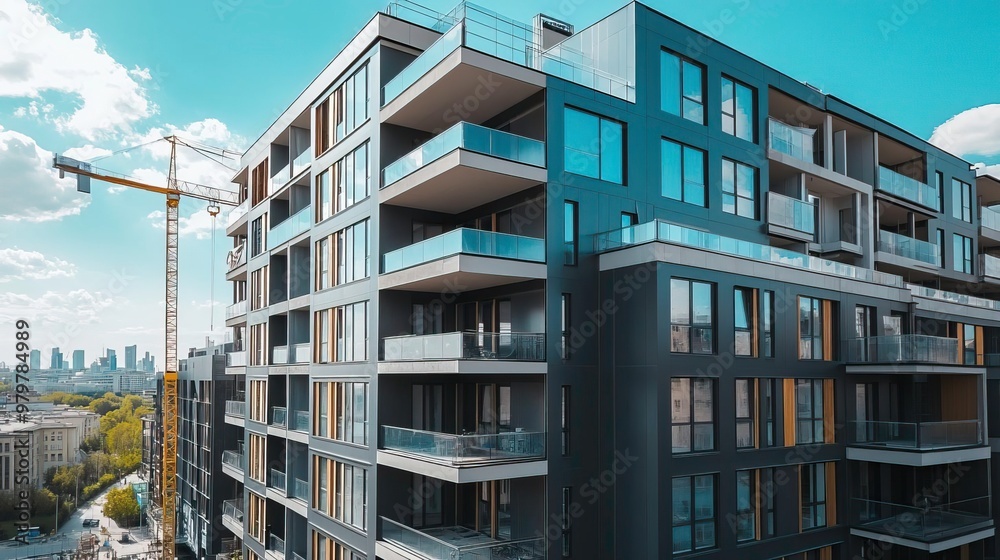 Obraz premium Modern apartment building with balconies and construction crane, showcasing urban architecture and city skyline in the background.