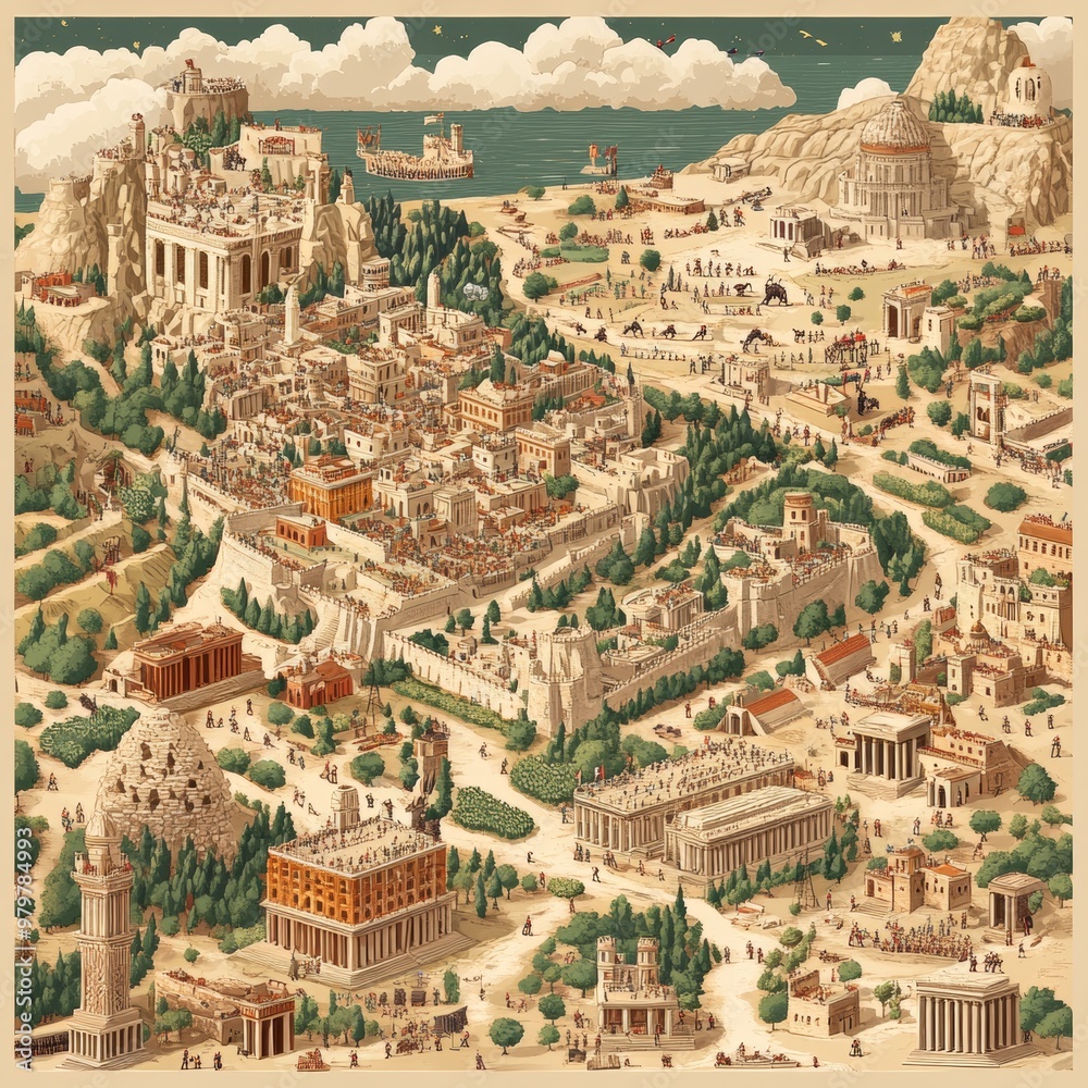 Fototapeta premium Ancient Greek Cityscape with Temples Buildings and People