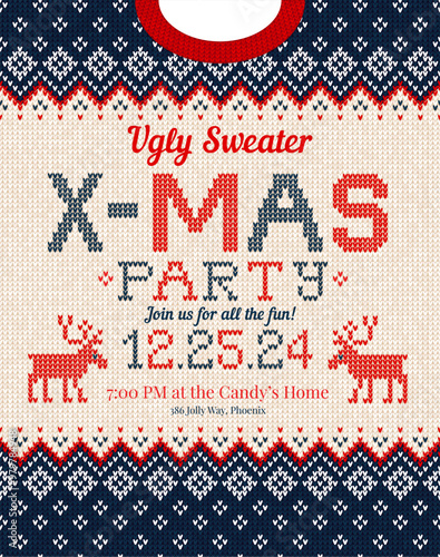 X-MAS Christmas party invitation ugly sweater design, festive red, blue, white knitted patterns. Reindeer motifs, playful typography, fun cozy holiday atmosphere, touch of nostalgia. Ugly Sweater Part