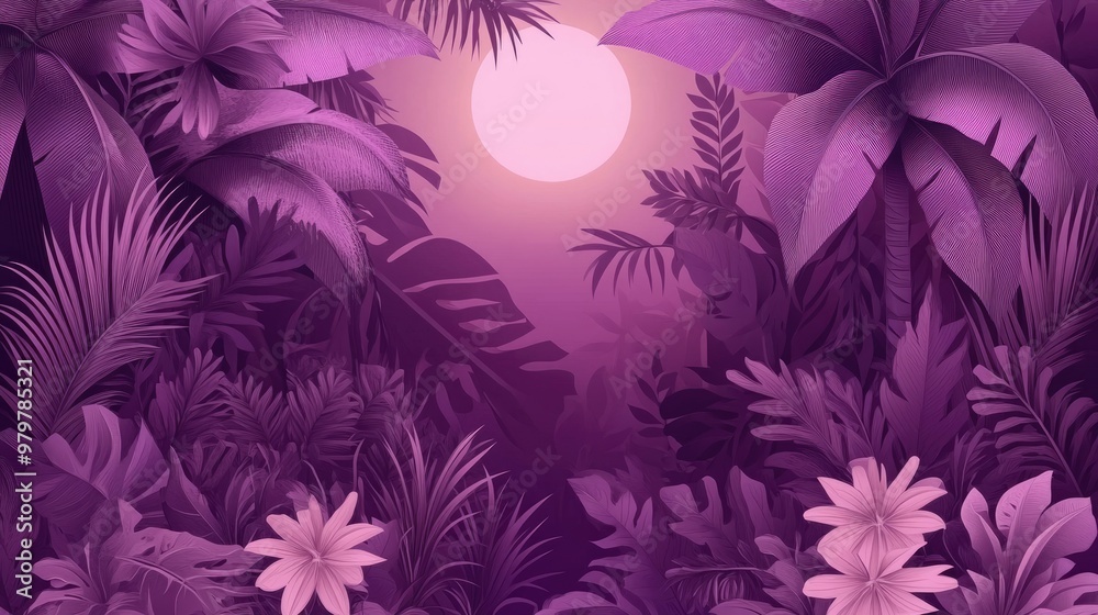 Celebrate in a vibrant tropical jungle at sunset with lively decorations and flowers