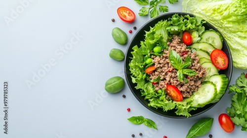 Larb salad, spicy minced meat, Isaan traditional dish. photo