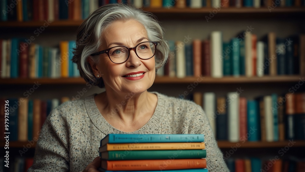 Older woman with glasses and colorful books, showing a passion for lifelong learning. Older woman with glasses and colorful books, showing a passion for lifelong learning.