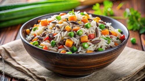 A vibrant and colorful dish of arroz maluco, a Brazilian-style rice dish with mixed vegetables, spices, and garnishes, served in a rustic bowl