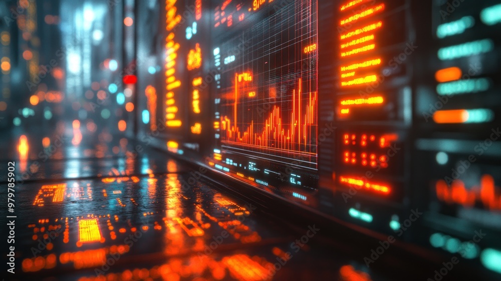 A futuristic financial dashboard in a digital environment, illuminated by bright neon lights and featuring data charts and other futuristic elements. A futuristic financial dashboard in a digital environment, illuminated by bright neon lights and featuring data charts and other futuristic elements.