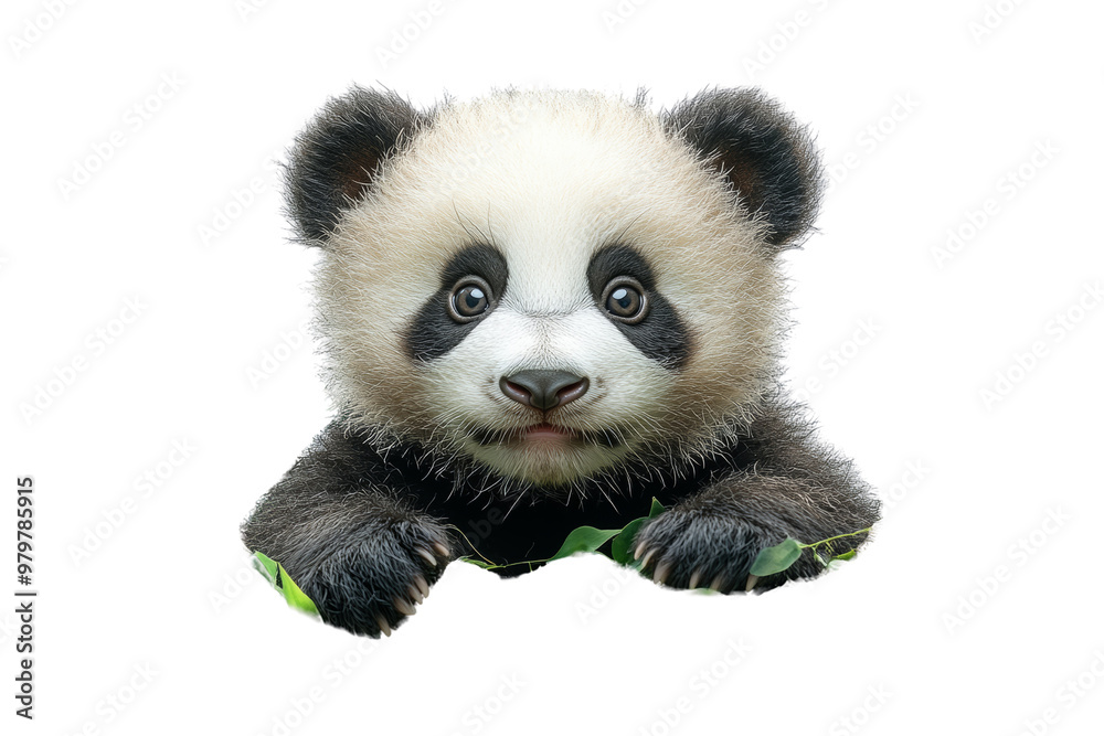 Naklejka premium Cuddly baby panda munching on bamboo leaves while sitting in a patch of greenery ,Isolated on transparent background,Isolated on transparent background