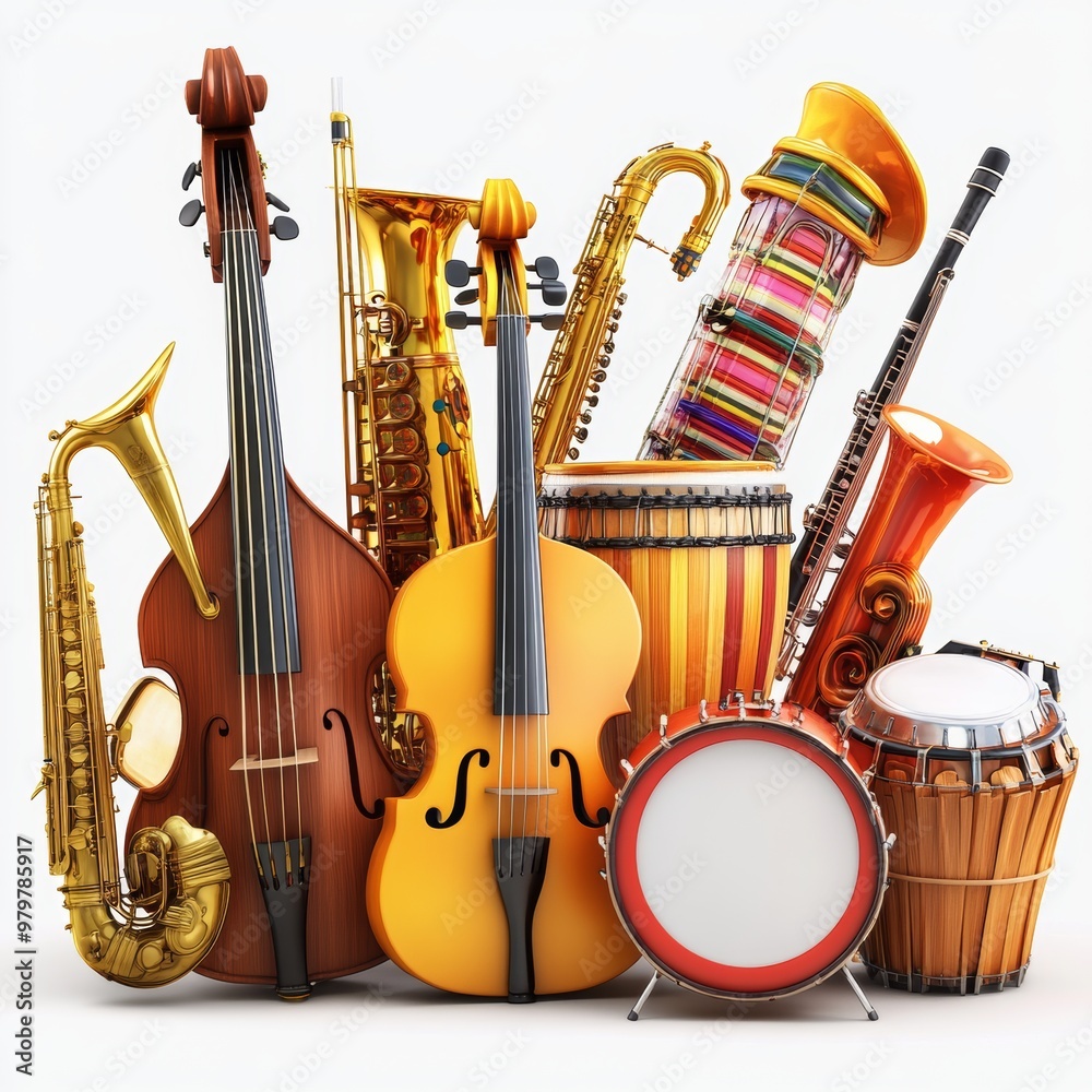 Naklejka premium Musical Instruments Drums Saxophone Violin Bass Clarinet Band Orchestra Music Ins